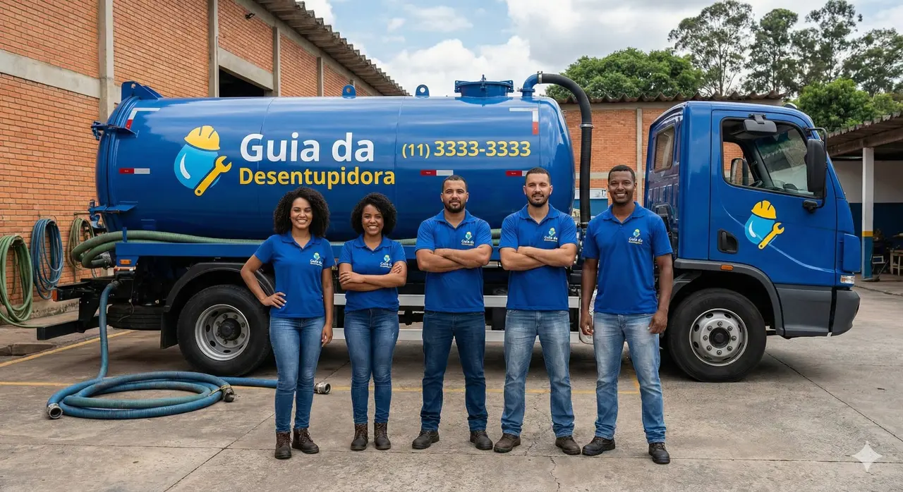 Equipe de desentupimento ao lado de caminhão especializado
